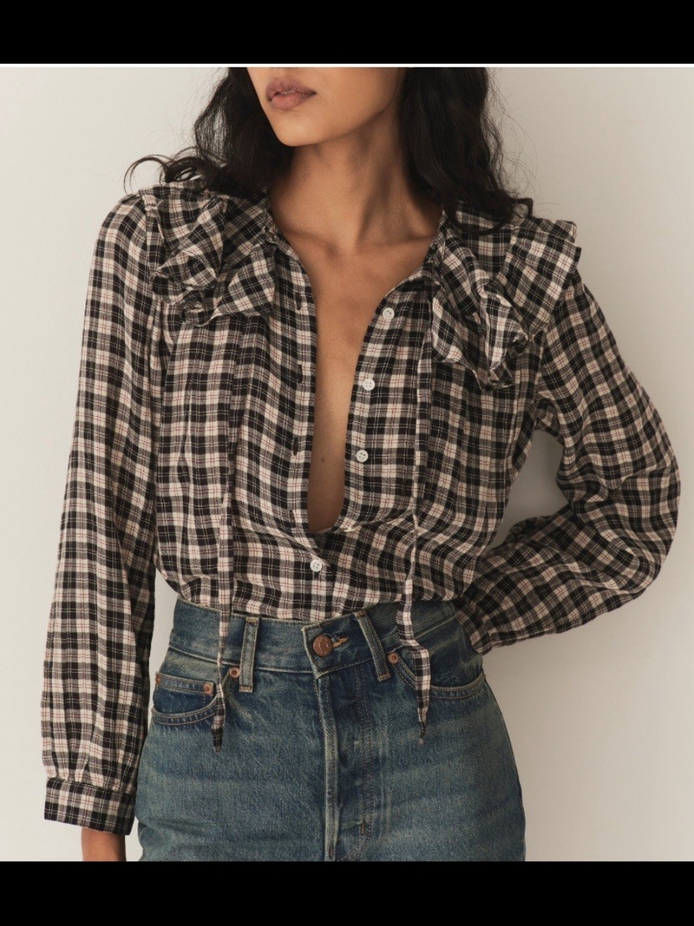 Doen Black and Cream Plaid Ruffled Button-Down Shirt